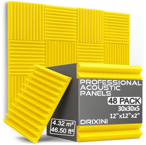 DRIXINI Akustiska paneler 30 x 30 x 5 cm – professionellt ljudabsorberande skum för studio, podcast, hem och kontor - set med 6–48 stycken med tejp - Reverb-dämpning och 3D-dekoration (gul, 48 st)