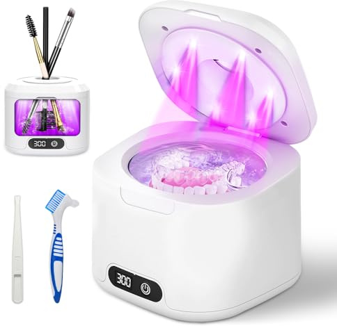 XPJBKC Ultrasonic Retainer Cleaner Machine, 49kHz Retainer Cleaner Ultrasonic with 6 Lights & 4 Modes, Portable Aligner Cleaner for Retainers, Dentures, Toothbrush Heads, Jewellery, 340ML