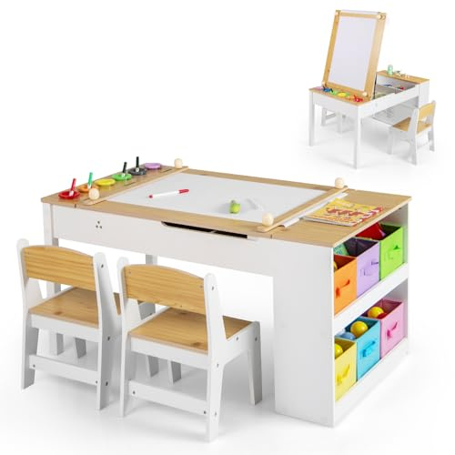 COSTWAY Kids Art Table and Chair Set, Wooden Toddler Craft Easel Desk with 2-Tier Open Shelf, Storage Bins, Paper Roll, Paint Cups, Children Play Activity Furniture