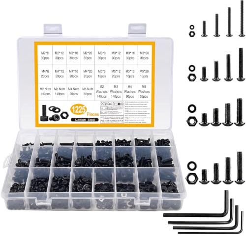 1225 Pcs Tornillos M2 M3 M4 M5, Tornillos con Tuercas y Arandelas | tTornillos de Cabeza Redonda con Cabeza Hueca Hexagonal, Tornillería Hexagonales y Tuercas y Arandelas