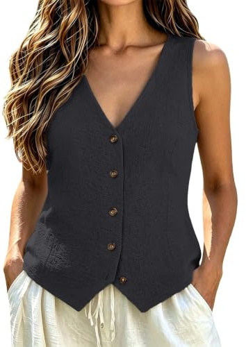 Camisa sin Mangas de Algodón y Lino para Mujer Chalecomujer Verano Cuello en V Botones Frontales Chaquetas Camisetas Basicas Sóliido y Ajustado Elegante Abrigo Vacaciones