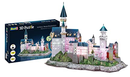 Revell 3D Puzzle 00151 I Schloss Neuschwanstein I 128 Teile I 4 Stunden Bauspaß für Kinder und Erwachsene I ab 10 Jahren I Mit LED Beleuchtung für eine mystische Beleuchtung