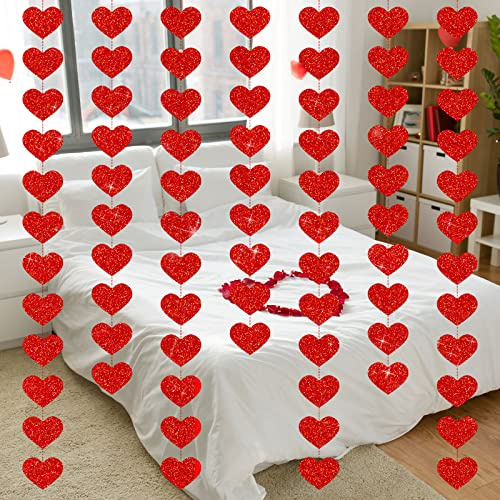Outus 72 Pcs 3 Inch Hearts Garland Valentines Day Decorations-30ft Valentine Glitter Hanging Swirls String Heart Decoration No DIY Valentines Wedding Anniversary Party Supplies