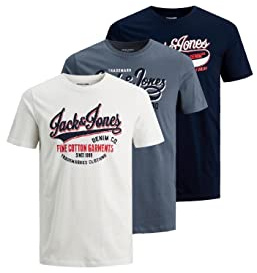 JACK & JONES JJELOGO - Maglietta da uomo di design, stile moderno, a maniche corte, in jersey di cotone, confezione da 3, Cloud Dancer/Grisaille/Navy Blazer, XXL