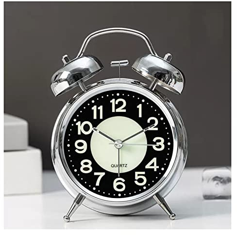 Despertadores Reloj de escritorio decorativo con campana doble de 4 pulgadas, reloj despertador analógico con luz de fondo, funciona con pilas, silencioso, sin tictac, for personas que duermen mucho,