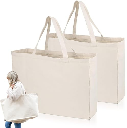 KUIZHEN Cotton Bag, 2 PCS Bags Tote Reusable Large Canvas Bag with Handle Natural Cotton Tote Bags Blank Cottonbag for Shopping and Travelling 45 x 35 cm
