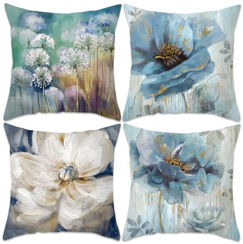 Betadistor Cushion Covers 45 x 45 Set of 4 Garden Dandelion Big Flowers Design Decorative Spring Pillow Covers Farmhouse Pillowcases Home Decor for Couch Sofa, Dandelion, 506-0113