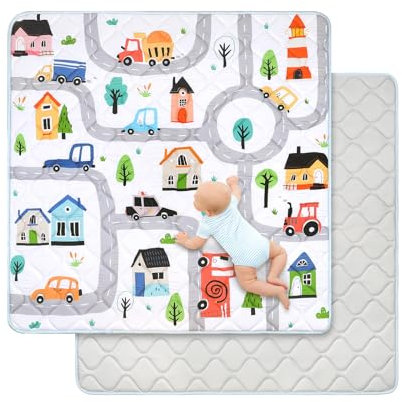 Baby Play Mat for Floor 127x127 cm,Thick Playmats for Babies Kids Toddler,Soft Non-Slip Mat for Crawling & Playing,Machine Washable Portable Playpen Mat Pad for Tummy Time,Town Car