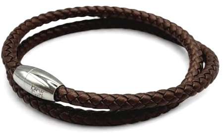 KAROO EARTH JEWELLERY Mens Leather Wrap Bracelet With Strong Stainless Steel Magnetic Clasp - Genuine Leather | 5mm Braided Double Wrap Men's Premium Bracelet (Dark Brown Leather, 23cm (Large Wrist)