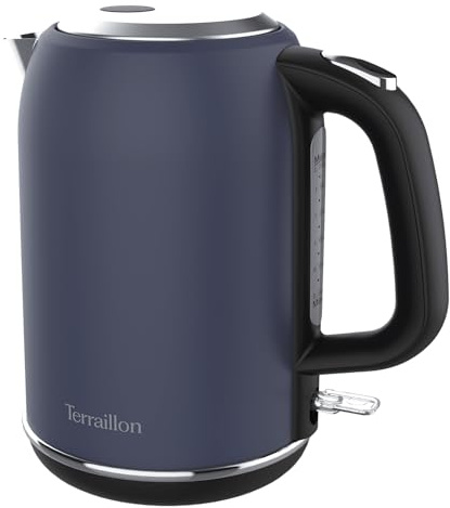 TERRAILLON - NEW MOON- Bouilloire Electrique,1.7L, 2200W,Base pivotante 360°, Arrêt Automatique et bouton rétroéclairé, Indicateur de niveau d'eau, Filtre anti-calcaire, Corps inox peint, Bleu