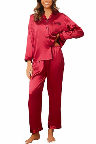 Reliwel Conjunto de Pijama Seda Mujer 2 Piezas Manga Larga con Botones Ropa de Dormir Satén Ropa de Noche Largo Pantalón Pijama Botones Mujer Loungewear S~XXL