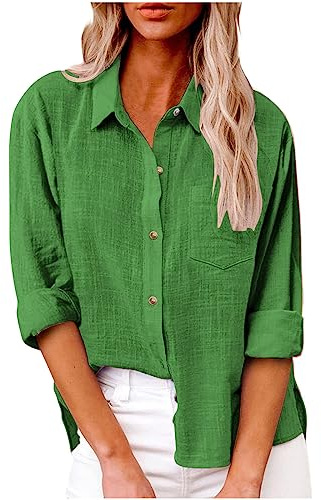 Generico Camicia Donna Manica Lunga Estiva Camicie in Lino Cotone Elegante Blusa con Bottoni e Tasca Lavoro Casual Top Camicetta da Spiaggia Tinta Unita Classico