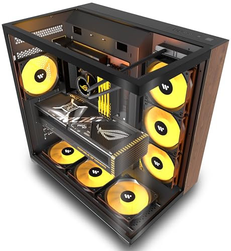 PCZZOI P7 Flow Vision PC CASE ATX 6 PWM ARGB Fans Pre-Installed, Mid Tower Computer Case with Full-View Tempered Glass, Type-C,Printed Walnut Wood Panels,Support 360mm Radiator,Black Gaming Case