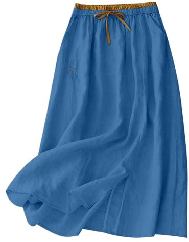 duxyoz Linen Skirts for Women UK Summer Elastic High Waist Loose A Lined Midi Skirt Cotton Linen Embroidery Elegant Casual Office Work Basic Party Dresses for Holiday Going Out