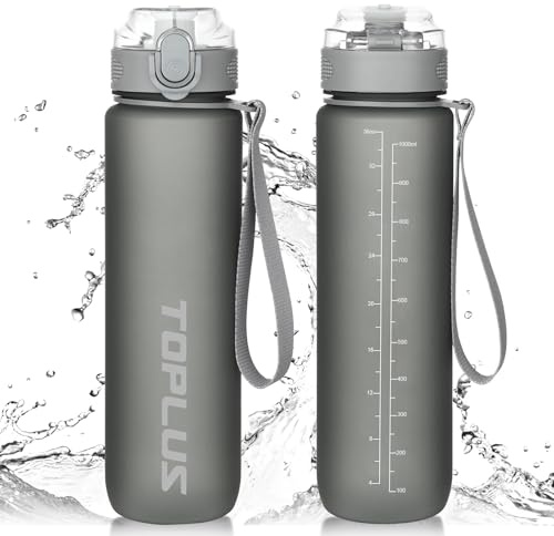 TOPLUS Sports Water Bottle 1L, BPA-Free Tritan Plastic Water Bottle for teenagers, adults, sports, hiking, gym, fitness, outdoor activities, cycling, school and office,Grey