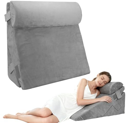 Coussin en coin réglable, coussin en coin pour le lit pour dormir, coussin de lecture en mousse haute densité pour le lit et le canapé, avec housse en peluche, coussin dorsal pour le lit pour le