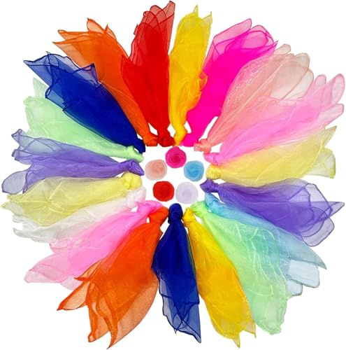 Twinice 24 Foulards jonglage 60x60cm - Tissu Multicolore pour Enfants - idéal Cirque, Danse et Jeux de Jardin - Lot de Foulards Magiques en Soie légère