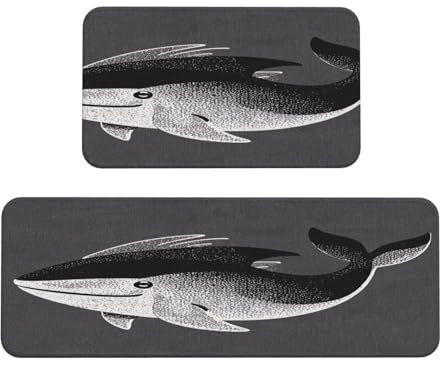 Sketch Whale Print Kitchen Rugs Set of 2, Cushioned Anti-Fatigue Kitchen Mats for Floor, Waterproof Comfort Standing Mat Absorbent Velvet Kitchen Runner Rugs 17x30+17x47