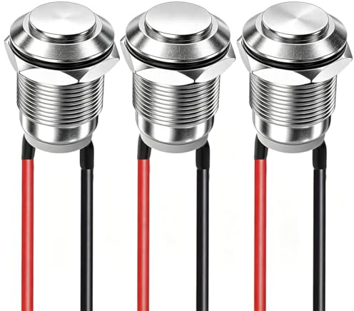 Gebildet 3Pcs 12mm 2A/12V/24V/125V/250V Precablato Pulsante Impermeabile Momentaneo a Pulsante in Acciaio Inossidabile Acceso Spento(Testa Alta)