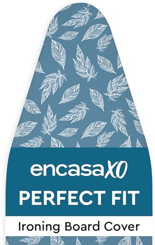 Encasa strykbrädesöverdrag (125 x 46 cm) dragsnöre åtdragning med tjock 3 mm filtvaddering, enkel passform, brännbeständig, tryckt – stora löv blå
