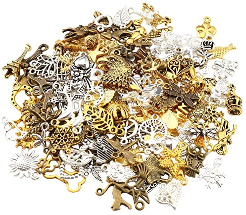 HERZWILD 150pcs Charms Pendants Colorful Charm for Jewelry Crafts Bracelet Necklace Earring Mixed Charms Antique Silver Gold, Metal (A)