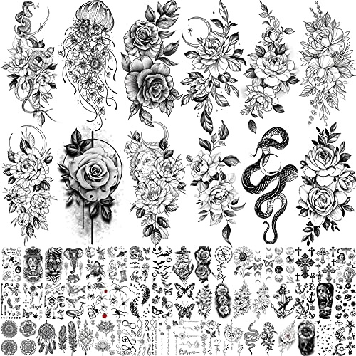 Bilizar 64 Fogli Fiore Grande Tatuaggi Temporanei Adulti Donna Nero Fiori Peonia Rosa Serpente Kit Tatuaggi Finti Bambini Bambina Braccio Manica Collo Gamba Coscia Adesivi Per Tatuaggi Temporanei 3D