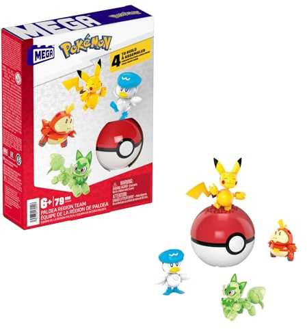 MEGA Pokémon Action Figure Building Toys for Kids, Paldea Region Team with 79 Pieces, Pikachu Fuecoco Sprigatito and Quaxly, and 1 Poké Ball, HPX92