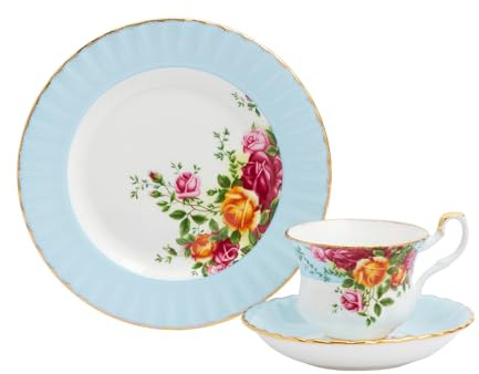Royal Albert Teaware & Coffee Sets, Bone China, Old Country Rose Teacup Saucer Plate, Aqua, 3pcs