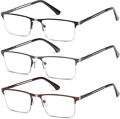 LOUOL Reading Glasses for Men, Blue Light Blocking Readers, Half Frame Metal Readers Spring Hinge Lightweight, 3-Pack +1.5 Strength