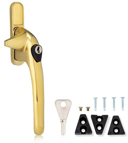 XFORT Locking Cockspur Window Handle Installation Kit in Polished Brass, Right Hand UPVC Window Handle Replacement, Lockable Window Lever