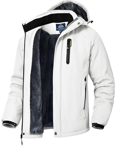 donhobo Herren Winter Skijacke Atmungsaktiv Warm Gefüttert Winterjacke Wasserdichte Winddichte Outdoor Verdickt Funktionsjacke mit Abnehmbarer Kapuze, Weiß, XXL