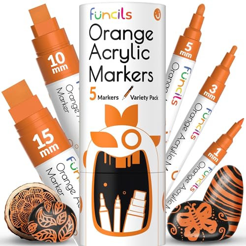 Funcils 5 rotuladores acrílicos Naranjas para piedras, vidrio, madera y lienzo - Marcadores de punta de 1mm, 3mm, 6mm, 10mm y 15mm. Los bolígrafos acrílicos son ideales para adultos y niños.
