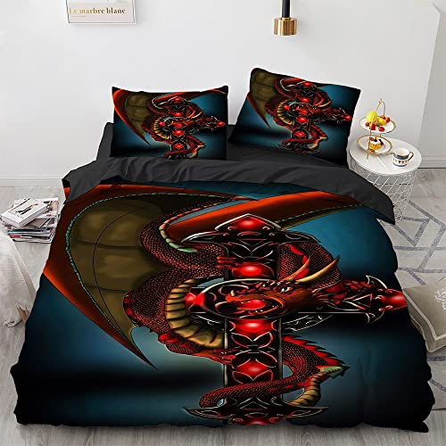 Bedding Bettwäsche 200x200 cm Dunkler Dragon Thema Bettbezug Set 3-teilig 3D Gotisch Drachen Waffen Schwert Druck Bettbezügen Weiche Microfaser Mit Reißverschluss Eckbänder + 2 Kissenbezüge 80x80 cm