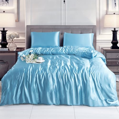 ROOEE Silk Satin Duvet Cover with Pillowcases Bedding Set for Single Double King Size Bed Easy Care Luxury Ultra Soft Quilt Cover (SKY BLUE, Double)