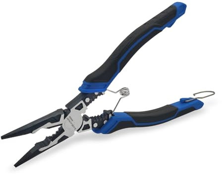 Alicates de punta de aguja 5 en 1 con cortador de alambre y crimpadora, alicates de punta larga compuestos multifunción con resorte y bloqueo de seguridad, resistentes para electricistas y hogares