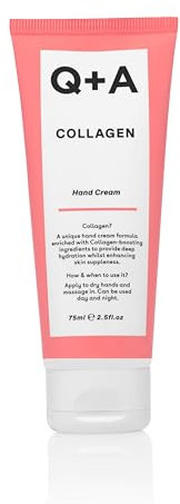 Q+A Kollagen Handcreme, pflegend & feuchtigkeitsspendend mit pflanzlichem Kollagen, Zuckerkomplex & Hämatit, goldene Birne & Traube, vegan, tierversuchsfrei, recycelte Verpackung, 75ml