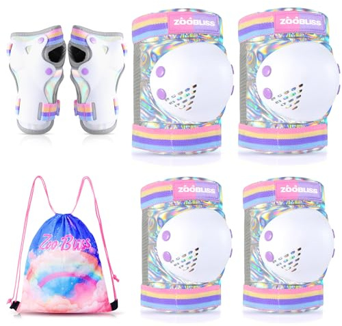Knee Pads for Kids - ZOOBLISS Toddler Knee and Elbow Pads Set Wrist Guards for Skating Girls Aged 3-12, Kids Protective Gear for Roller Skates Skateboard Bike Scooter, Included Drawstring Bag(Rainbow)