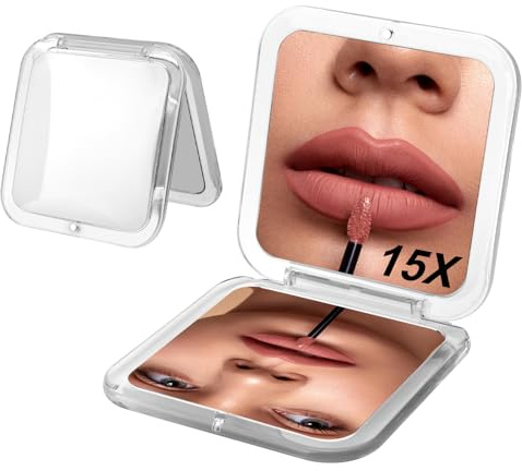 Fantasyon Premium Compact Mirror 15X Magnifying Mirror, White Travel Folding Vanity Makeup Mirrors for Purse,Handbag and Pocket, Portable Double-Sided Magnifying Cosmetic Mirror without Distortion