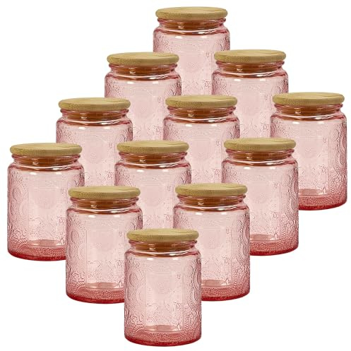 LINGSHINE 8 oz Decorative Glass Jars with Airtight Bamboo Lids, Pink 12 Pack Vintage Food Storage Containers, Home Décor Candle Making Parties Wedding Baby Shower Favors Gift