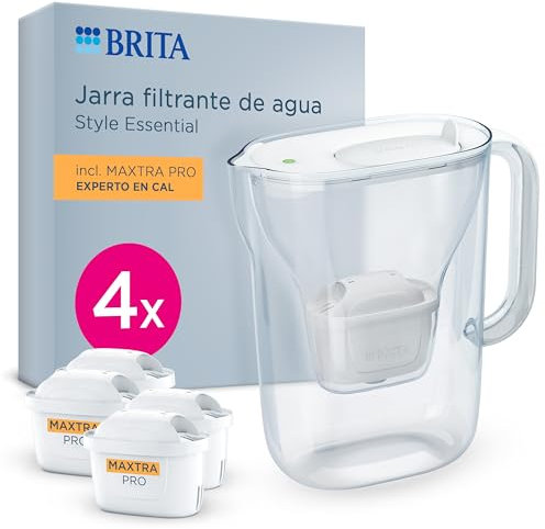 BRITA jarra filtrante Style Essential Blanca (2.4L) incl. 4x MAXTRA PRO Experto en Cal | compatible con la puerta del frigorífico, con indicador LED, filtra la cal, metales y mucho más