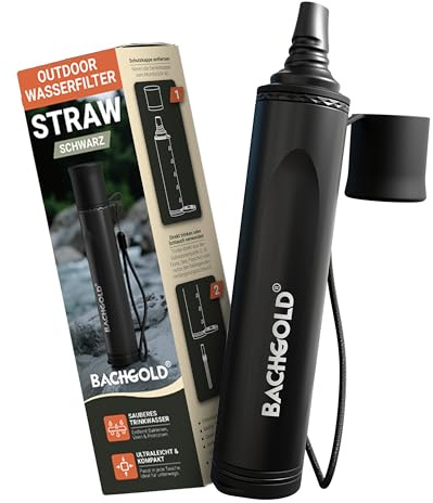 Bachgold Straw Wasserfilter Outdoor Survival – Ultraleichte Prepper Ausrüstung Liefert bis zu 500L Frisches Trinkwasser für Jeden Ernstfall, inkl. Schlauch, Langlebig Konstruiert, Schwarz
