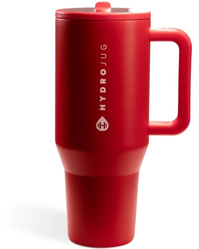 HydroJug Traveler - 40 oz Water Bottle with Handle & Flip Straw - Fits in Cup Holder, Leak Resistant Tumbler-Reusable Insulated Stainless Steel & Rubber Base - Gifts for Women & Men, Alumni Red