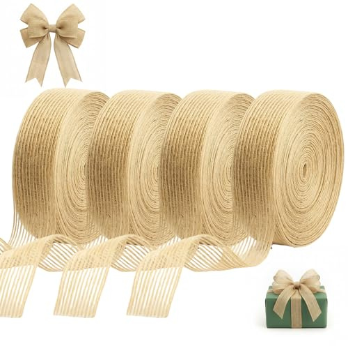 4 Rolls Jute Ribbon, Hessian Ribbon, Burlap Ribbons for DIY Crafts, Garlands,Brown Natural Craft for Crafting, Florist, Presents Packing, Rustic Wedding & Christmas Decorations, 1cm X 10m, Total 40m