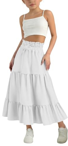 Jupe à volants pour filles avec cordon de serrage taille haute - Jupe midi trapèze d'été en coton et lin - Style bohème décontracté - Jupe longue fluide pour l'école