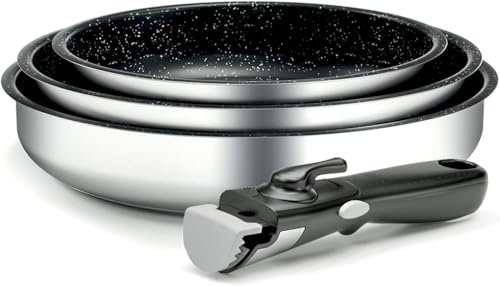 Backen 191599 -Set de poeles 20-24-26cm, Induction, Acier inoxydable, Revêtement antiadhésif, Empilable, Compatible lave-vaisselle, Polyvalence, Gain de place.