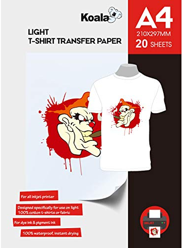 KOALA Inkjet Transferpapier zum Aufbügeln für helles und weißes T-Shirt/Textilien, DIN A4, 20 Blatt. Für Tintenstrahldrucker