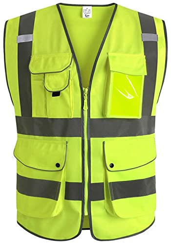 XIAKE Unisex 9 Taschen Warnweste Hohe Sichtbarkeit Weste Reflektierende EN ISO 20471 Standards mit Reißverschluss Gelb XXL