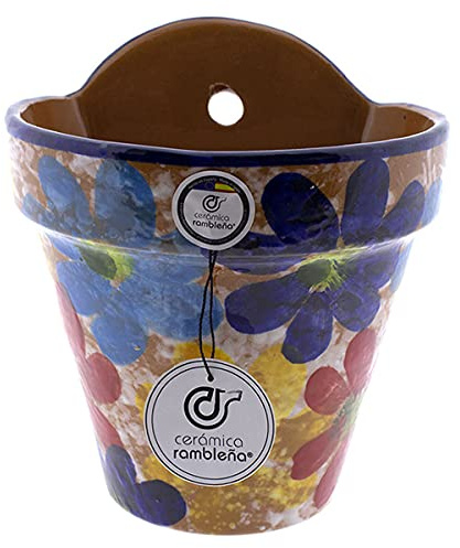 CERÁMICA RAMBLEÑA | Maceta Colgante Pileta | Maceta de Barro para Colgar | Maceta Pared Patios de Córdoba Primavera | 100% Decorada a Mano | 19x17x21 cm