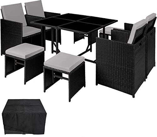 tectake Lounge Möbel Set aus 4x Stühle, 1x Tisch, 4x Hocker, wetterfest und platzsparende Cube Aufbewahrung inkl. Schutzhülle, outdoor Rattan Gartenmöbel für Balkon, Garten und Terrasse - schwarz/grau