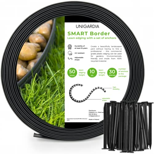 UNIGARDIA Bordura Flexible de Jardín 10 m, Altura 50 mm - Borde Jardín Exterior con 30 Estacas de Anclaje - Borde para Césped de Plástico Reciclado - Fácil Instalación, Delimitadores de Bordes, Negro